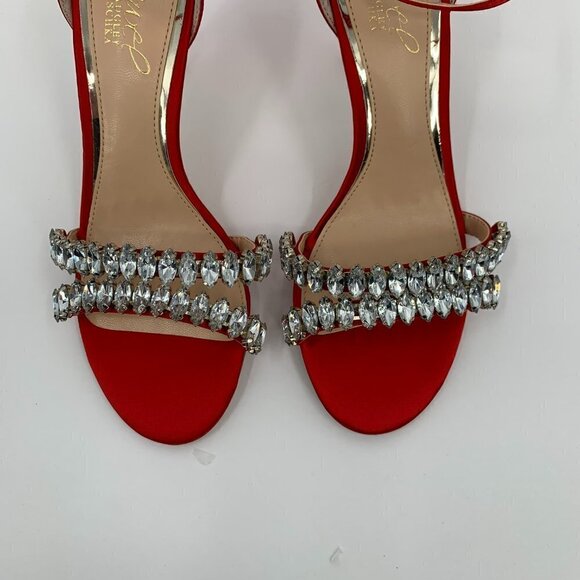 Jewel Badgley Mischka Melania red satin rhinestone crystal sandal heel new 5.5 - Picture 6 of 9